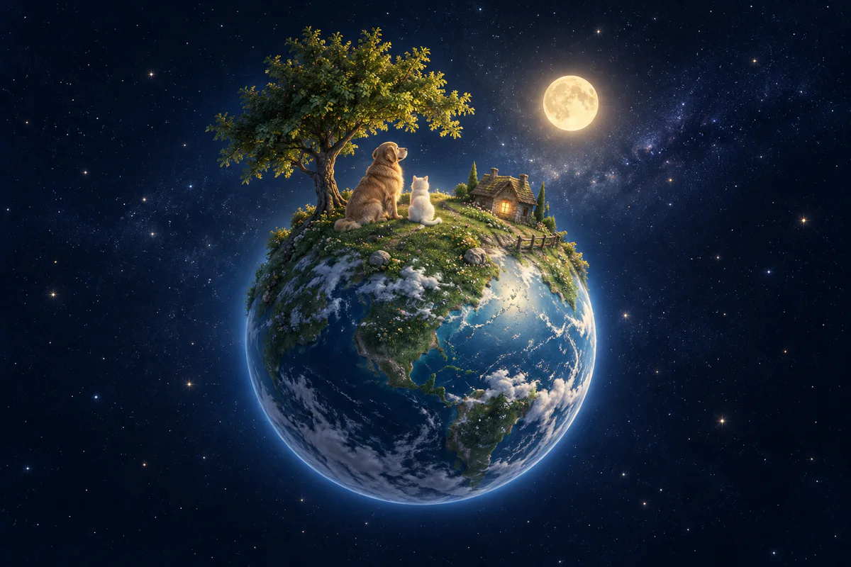 星空中住着小狗与小猫的温暖纪念星球